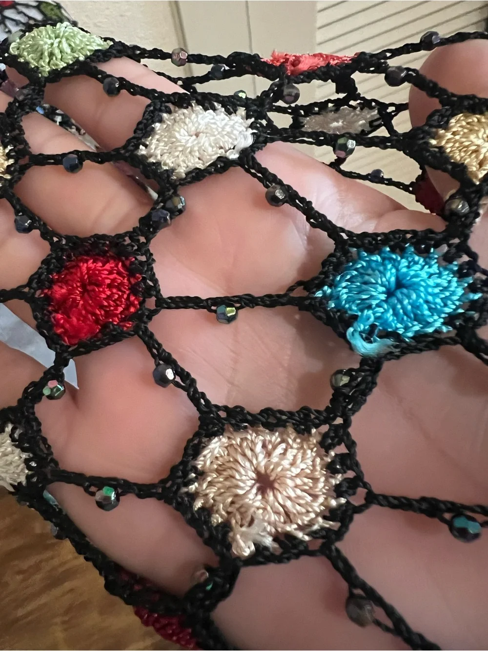 Vintage Bohemian Black Crochet and Beaded Shawl with Vibrant Multicolor Flowers